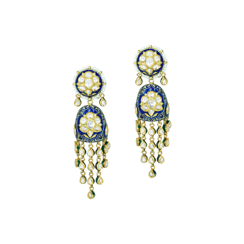 Polki Earrings with Blue Enamel Floral Motifs and Pearl Drops